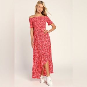 Lulu’s Fleur-tation Red Floral Print Off-the-Shoulder Midi Dress